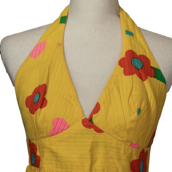 Vintage 60s Malia Honolulu Mini Dress Mod Floral Bright Neon Beach Cover Halter - Picture 2 of 14